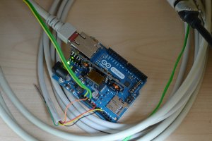 our Arduino, connected with Ethernet, the barcode scanner, and an RFID tag